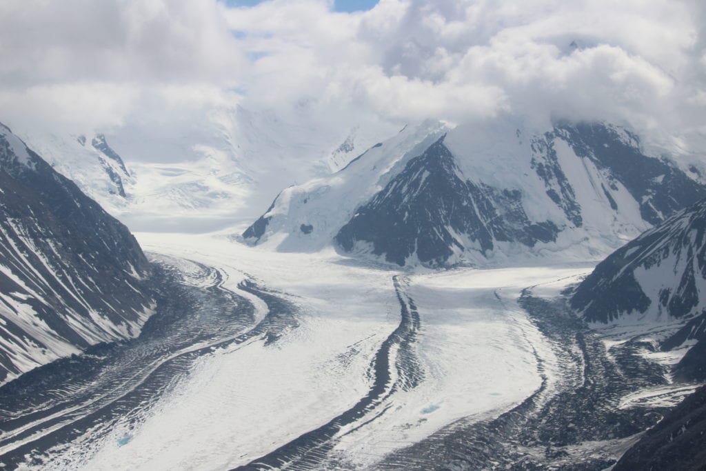 Looking up the glaciers as two join with medial moraine between