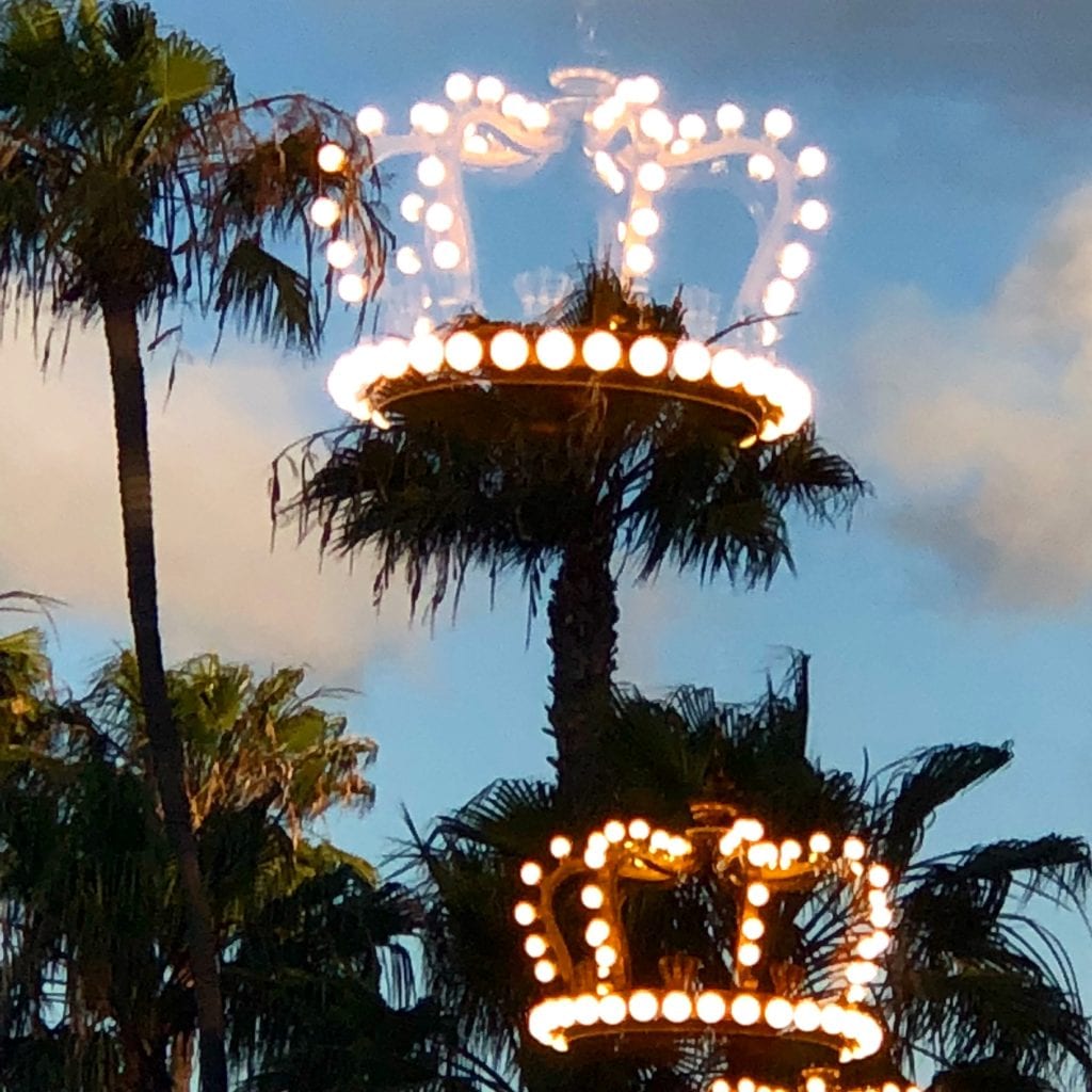 Crown Chandeliers at Coronado Hotel in San Diego through the window