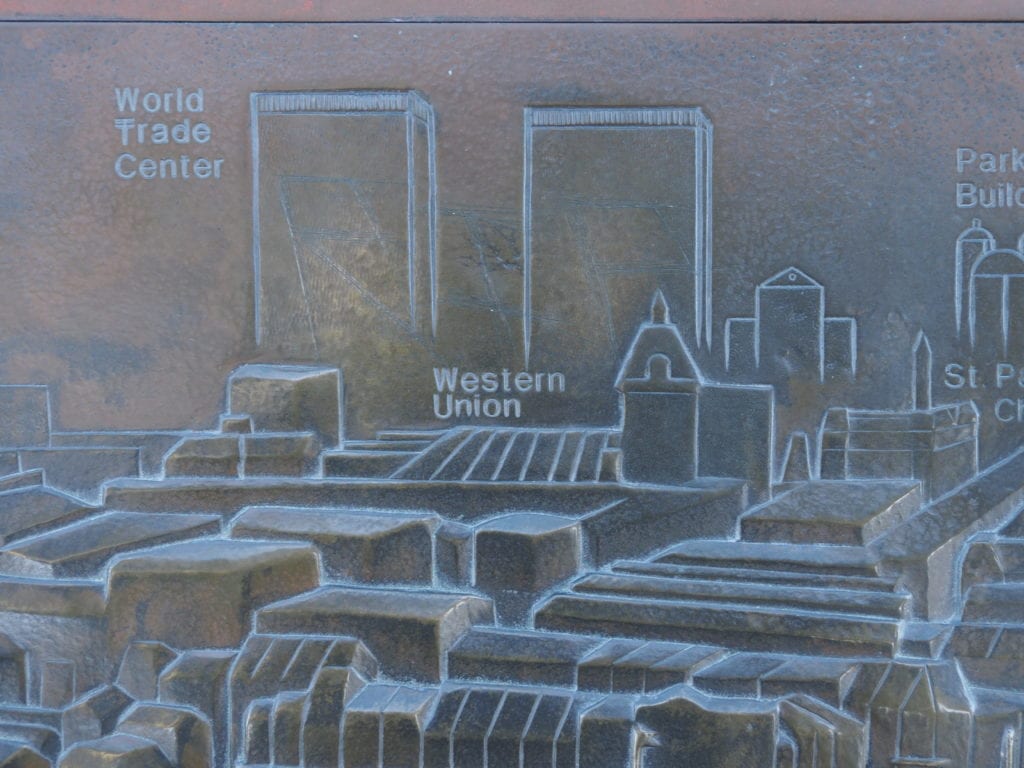 Plaque showing skyline in view from Brooklyn Bridge