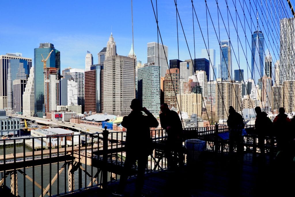 Viewing the skyline from the Brooklyn Bridge