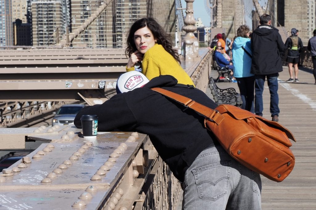 Taking photos on the Brooklyn Bridge
