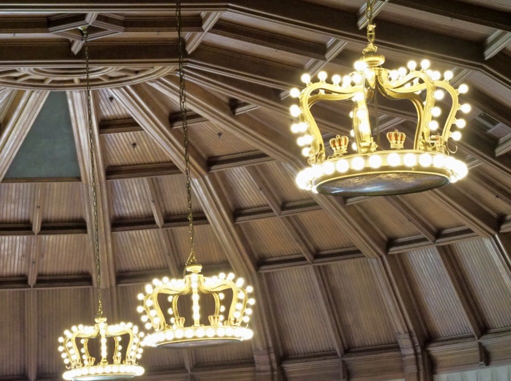 Beautiful ceiling and crown chandeliers in the Crown Room 
